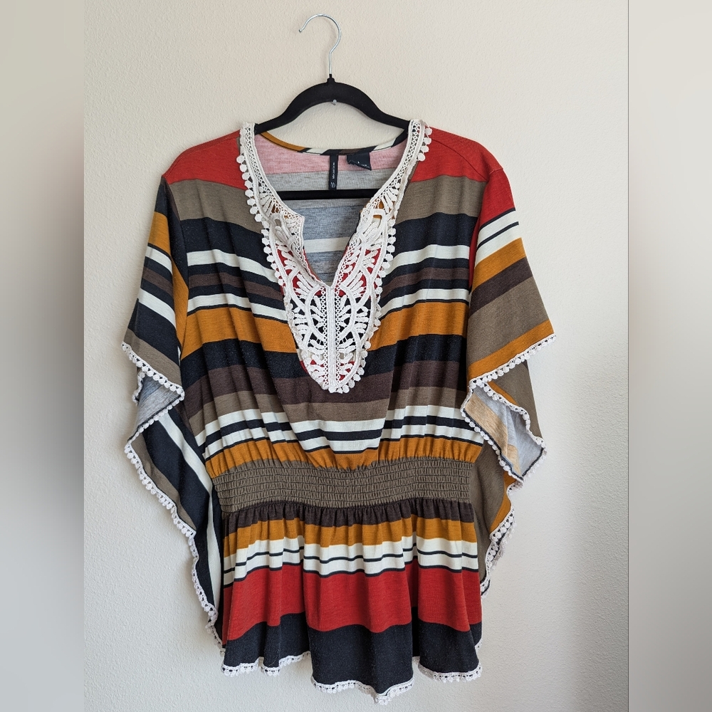 New Directions Striped Boho Tunic with Flutter Sleeves Size L